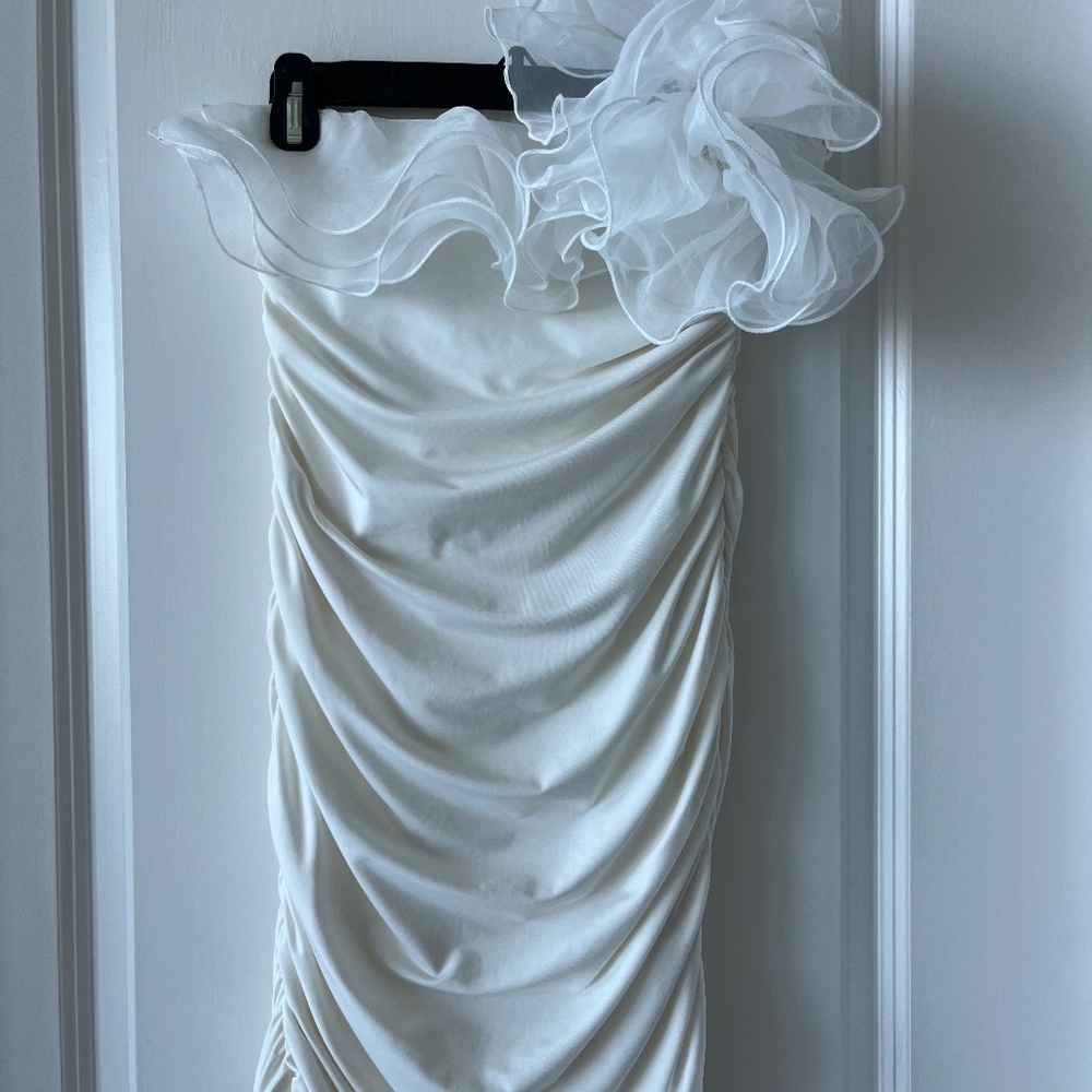 Fever One-Shoulder Ruched White Cocktail Dress – with Dramatic Organza Ruffle